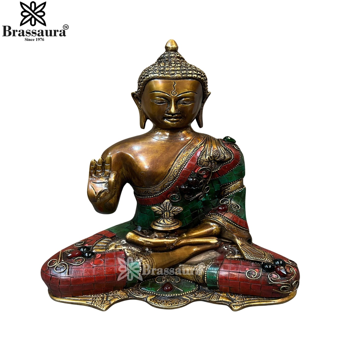 Brass Blessing Gem Stone Work Buddha Weight 4.4 kg & Height 10.5 Inch