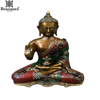Brass Blessing Gem Stone Work Buddha Weight 4.4 kg & Height 10.5 Inch