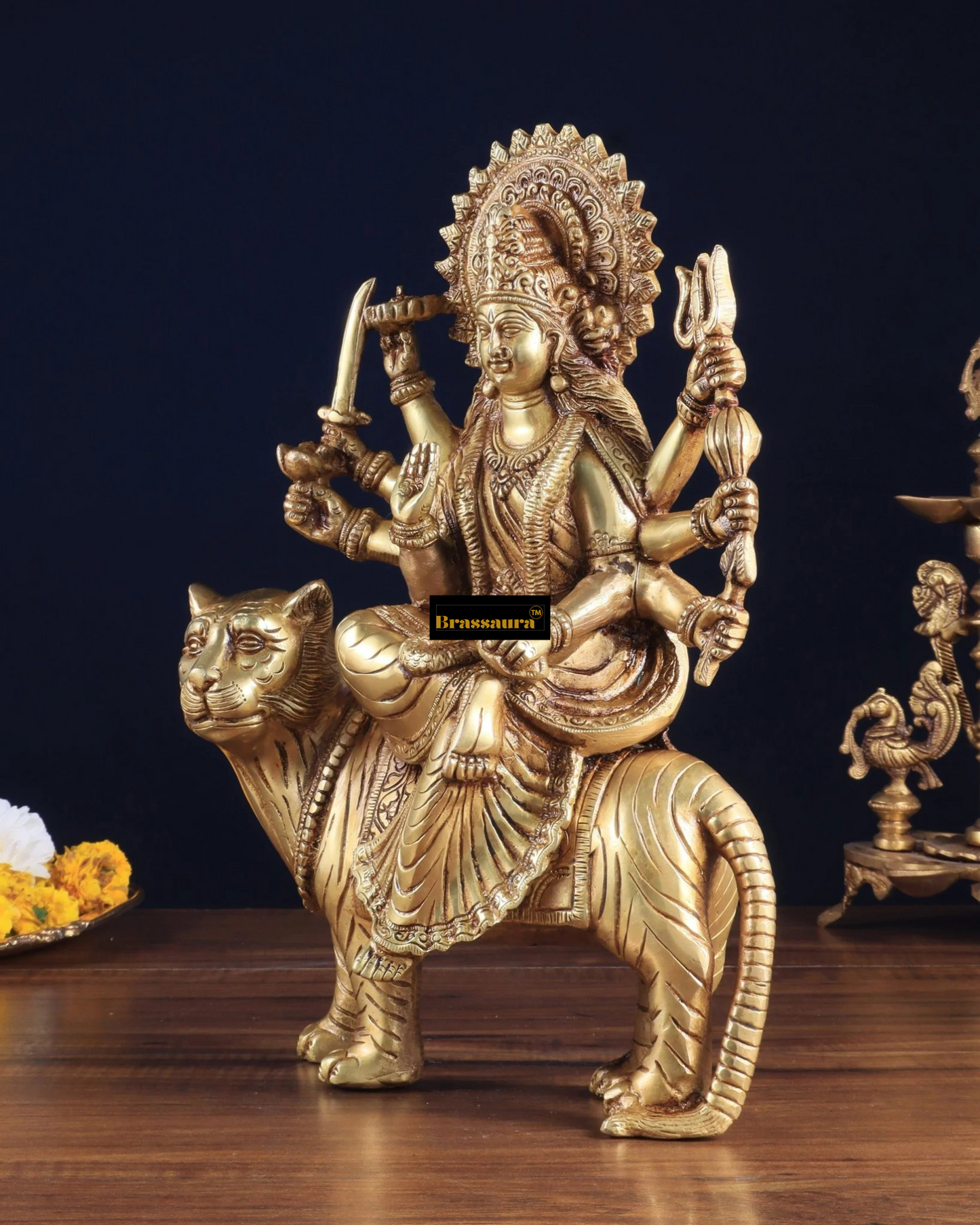 Brassaura™ 12-Inch Pure Brass Sherawali Mata Idol – 4.8kg – Handcrafted Durga Statue on Tiger for Strength & Protection