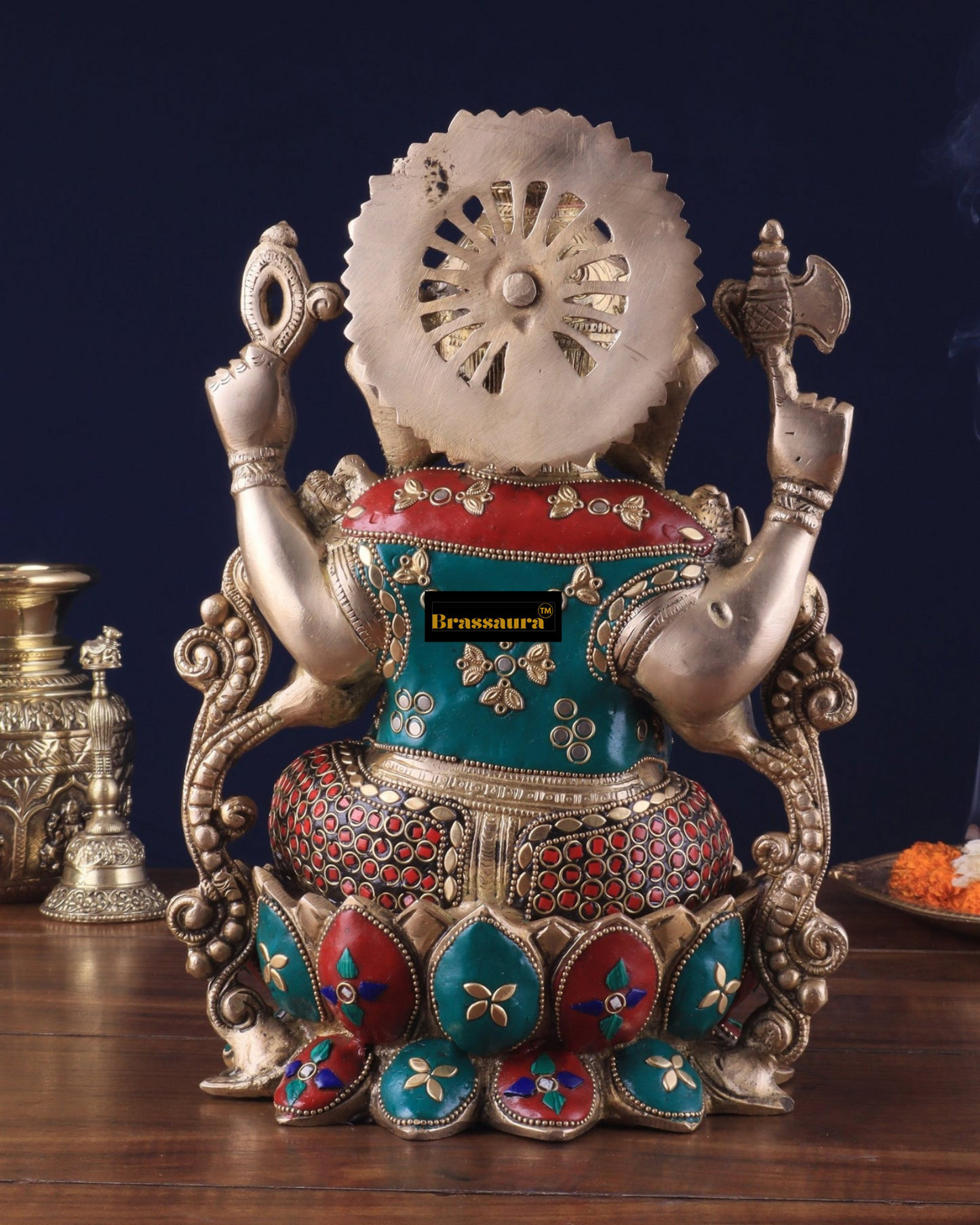 Brassaura™ Handcrafted Pure Brass Ganesha Idol with Meenakari Stonework – 12.25" Height, 8 kg – Lotus Base Masterpiece