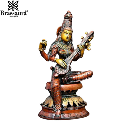 Brassaura™ Brass Saraswati Idol – Height 12 Inches & Weight 4.4 Kgs | Elegant Home & Temple Décor