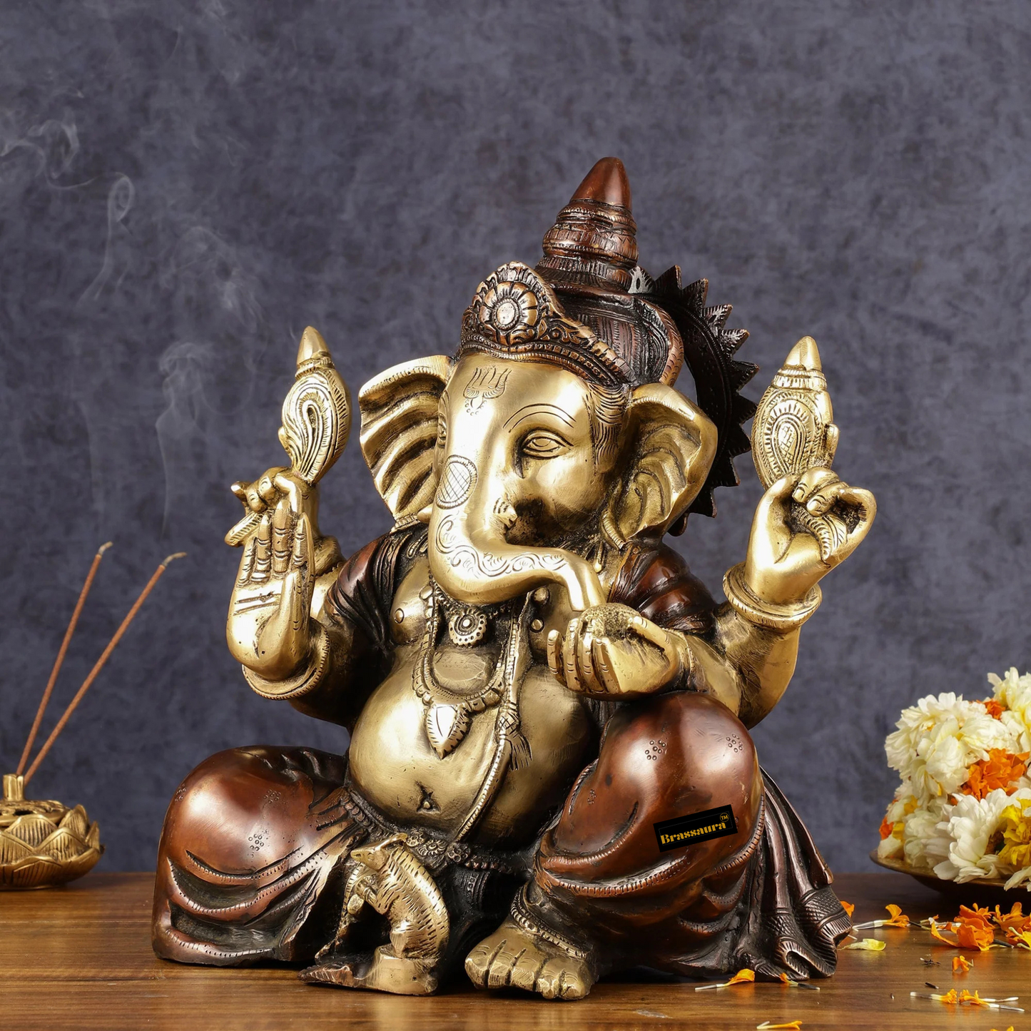Brassaura™ Ganapati Aashirwad Idol in Chola Copper Gold Finish – Height 13 Inches, Weight 12 Kgs