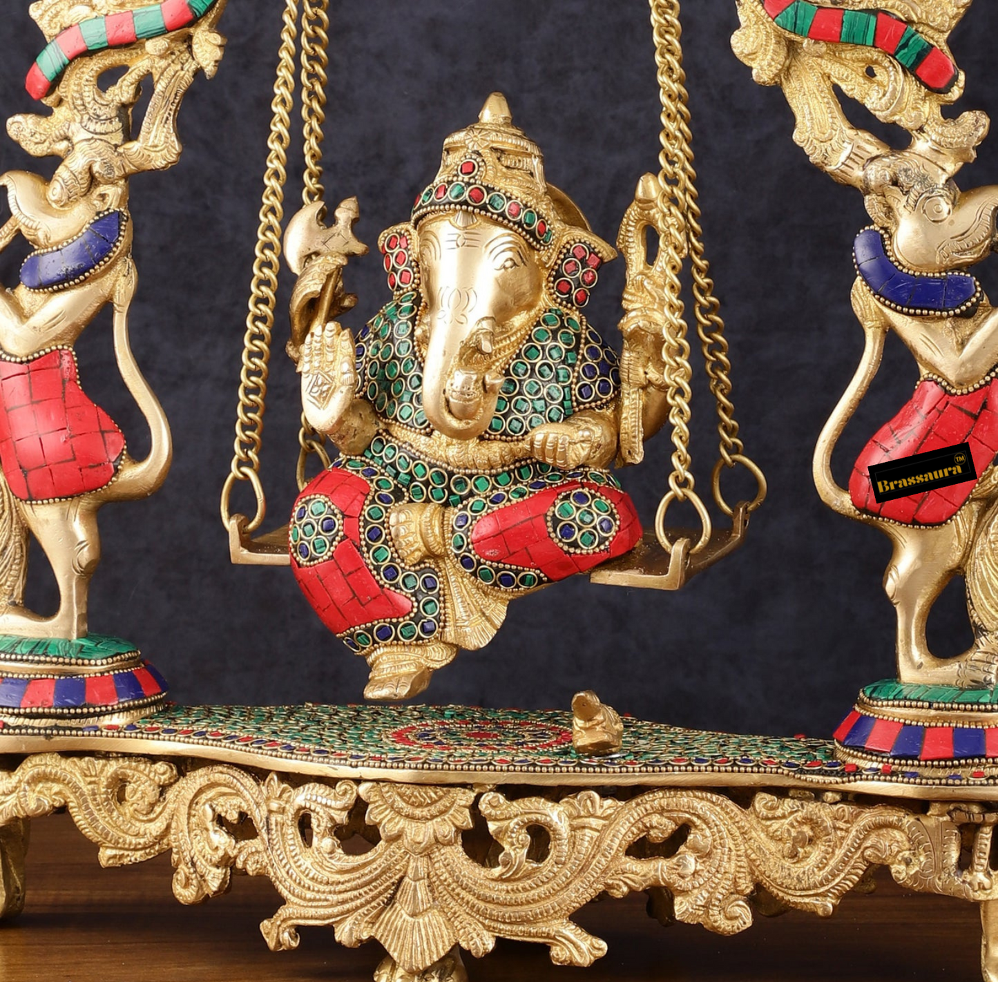 Brassaura™ Magnificent Brass Lord Ganesha Swing – 18" Height, 7.5 kg – Adorned with Multicolor Stonework