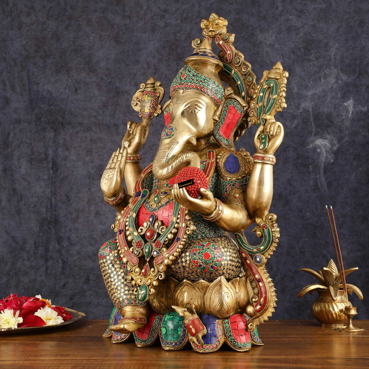 Brassaura™ Pure Brass Ganesha Idol with Natural Stones | Height 21 inch | Weight 25 Kg | Spiritual Home Decor