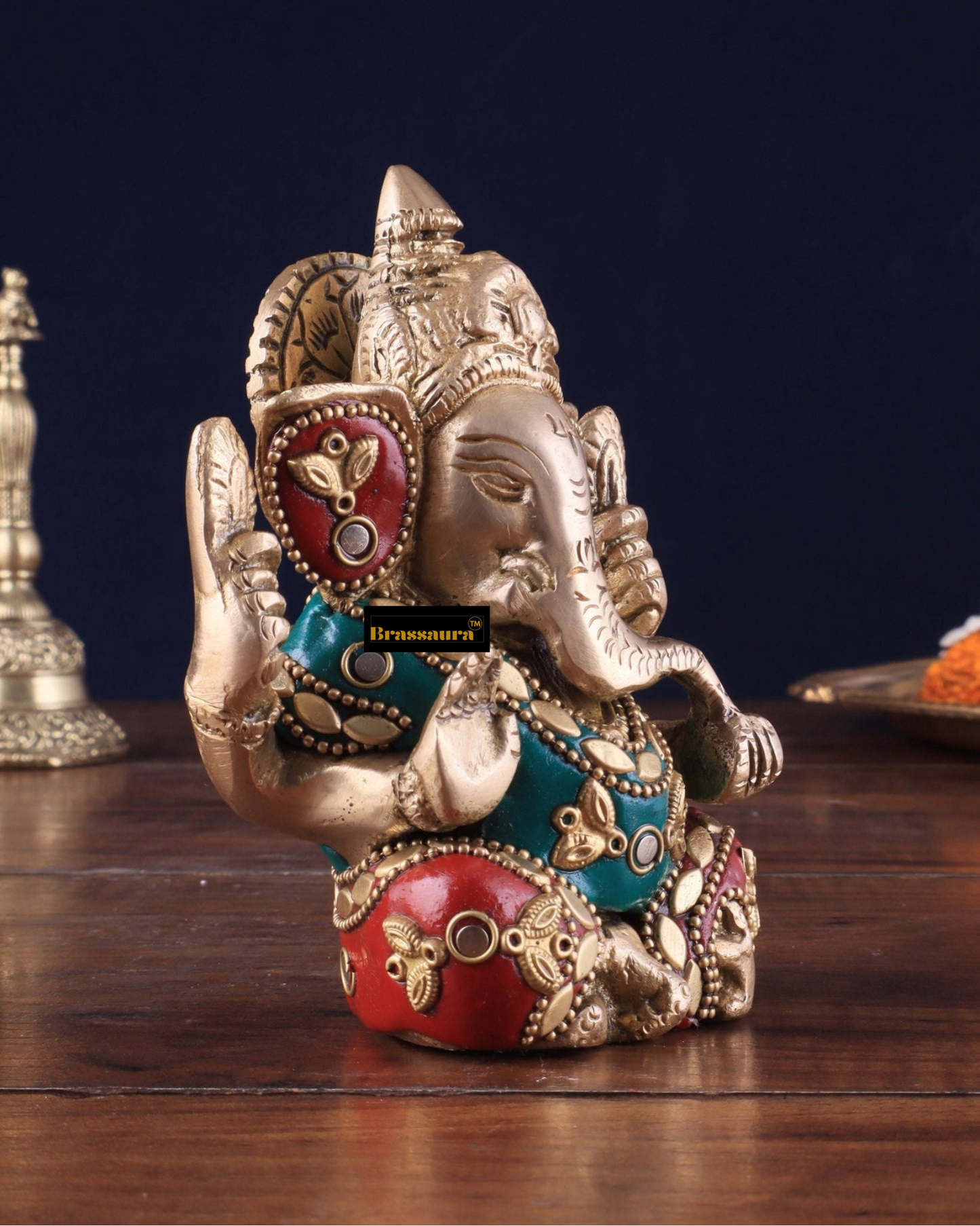 Brassaura™ Small Pure Brass Lord Ganesha Idol – 5 Inch Height | 0.8 kg | Intricate Stonework | Spiritual Home & Office Décor