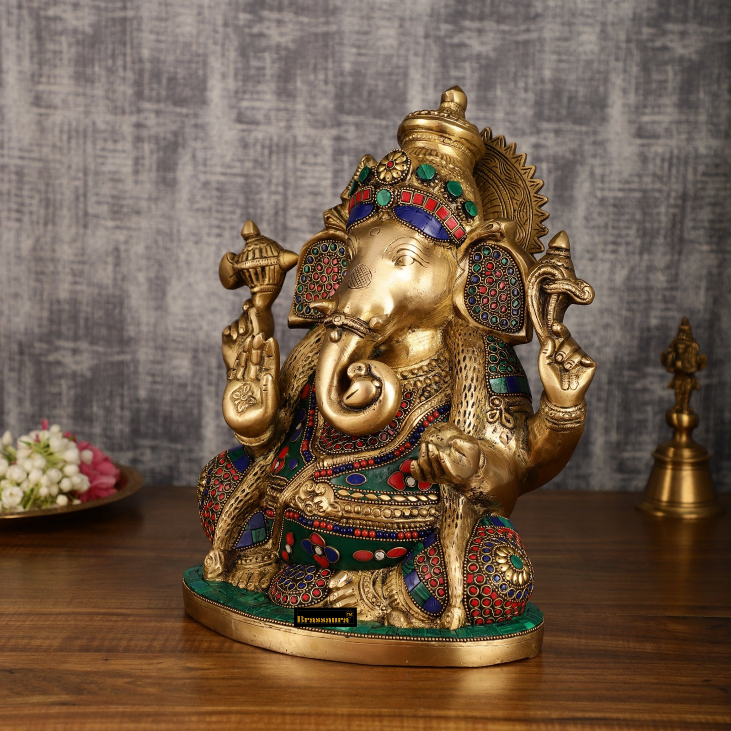 Brassaura™ Nagar Ganapati Brass Statue with Meenakari – 13.2" Height, 10.5 kg – Cobra Naaga Adorned Divine Idol