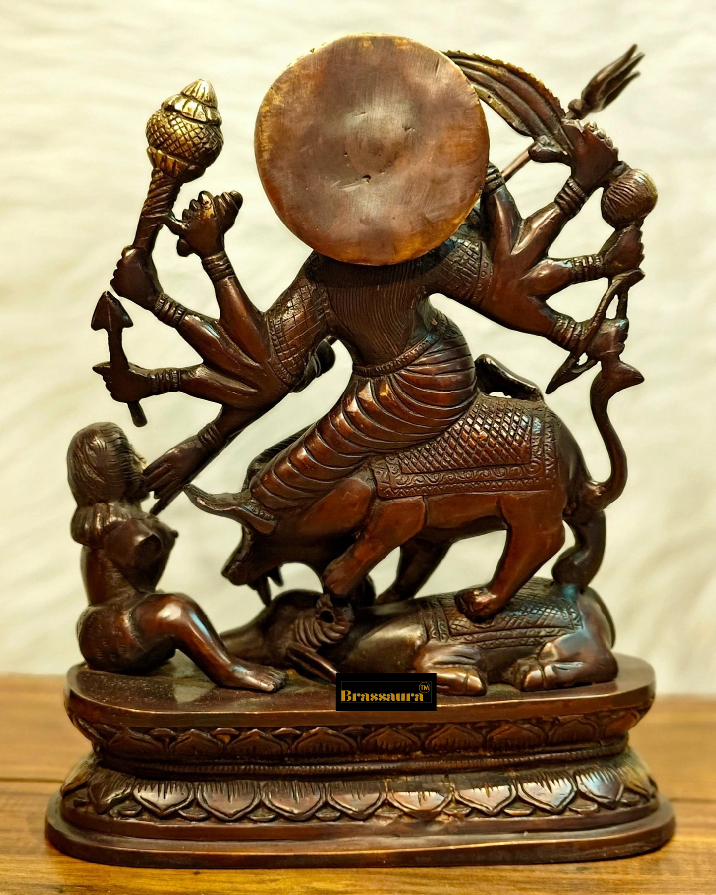 Brassaura™ Brass Goddess Durga as Mahishasura Mardini Idol – 8kg, 13.5-Inch – Fierce & Protective Divine Energy in Pure Brass