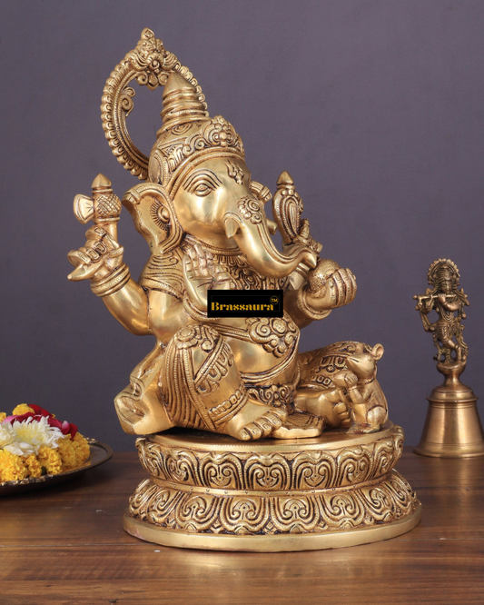 ब्रैसौरा® शुद्ध पीतल एकदंता गणपति प्रतिमा – 14.5 इंच ऊँचाई | हस्तनिर्मित अति उत्तम पीतल | सुंदर पूजा सजावट और उपहार