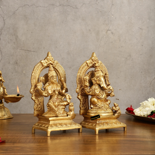 Brassaura® Pure Brass Ganesha & Goddess Lakshmi Idol Set | Ganesha 7" H | Lakshmi 7.5" H | Spiritual Decor