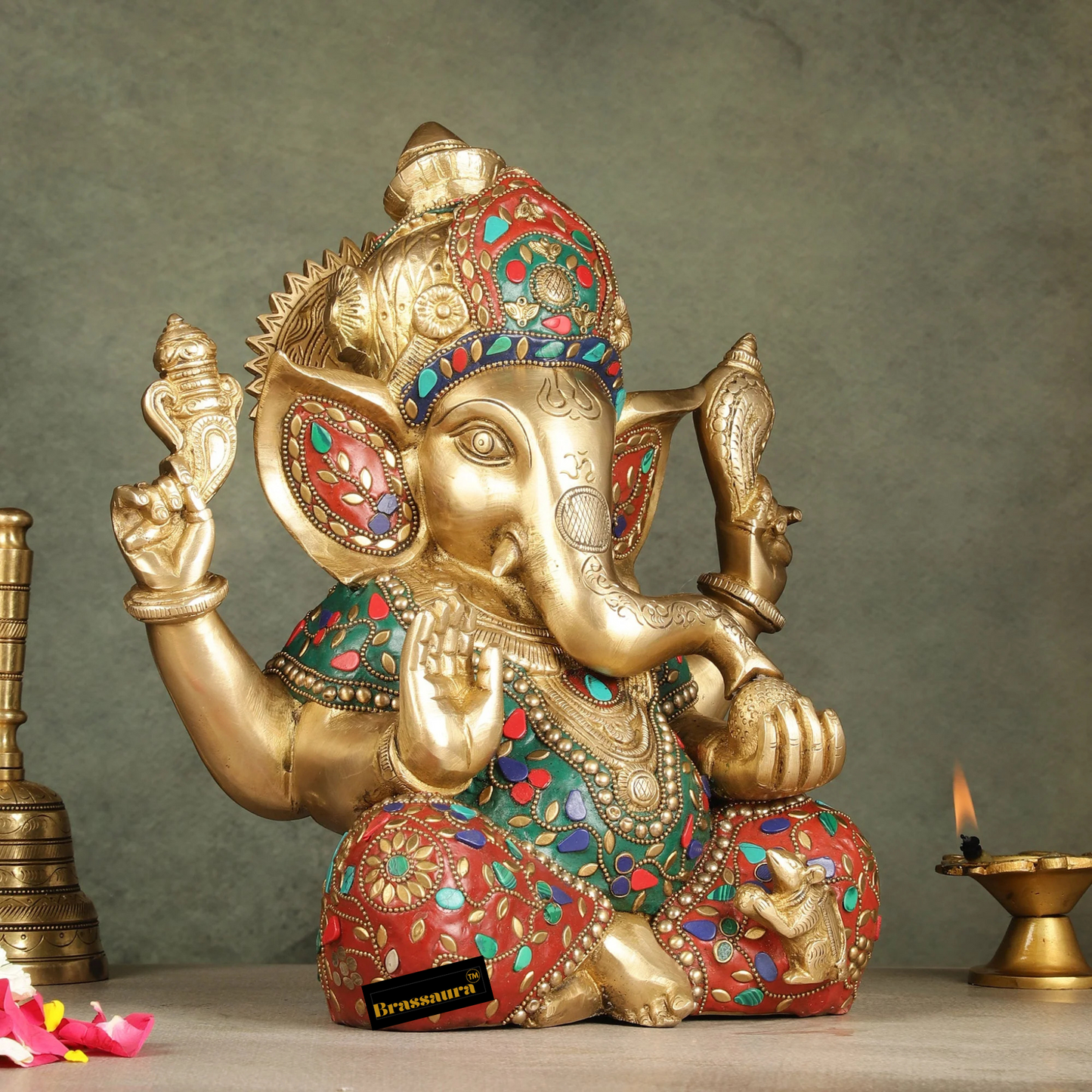 Brassaura™ Pure Brass Ganapati Idol – Stonework Detailing | Height 12.5 Inches, Weight 11 Kgs