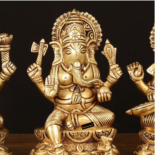 Brassaura® Brass Superfine Ganesh Lakshmi Saraswati Idol – 7 Inch Height | Divine Trio for Prosperity & Wisdom