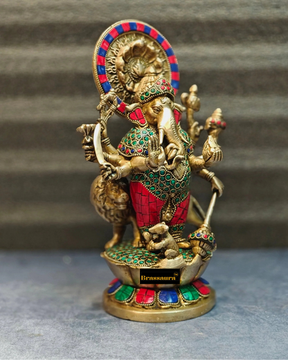 Brassaura™ Ashirwad Kanadrishti Vinayaka Brass Idol with Meenakari Stonework – Height 12 Inches & Weight 4.5 Kgs
