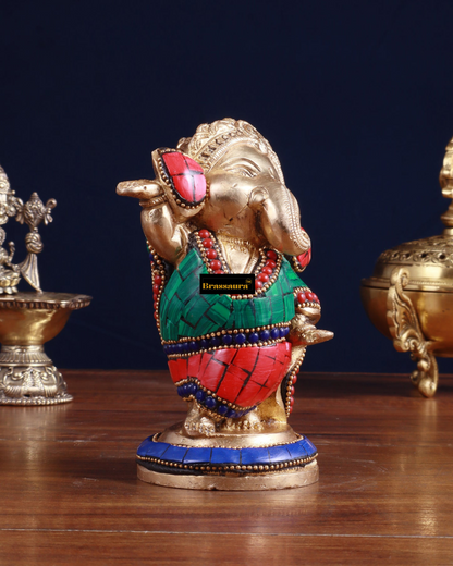 Brassaura™ Meenakari Brass Ganesha Idol – 5 Inch Height | 1 kg | Handcrafted with Stonework