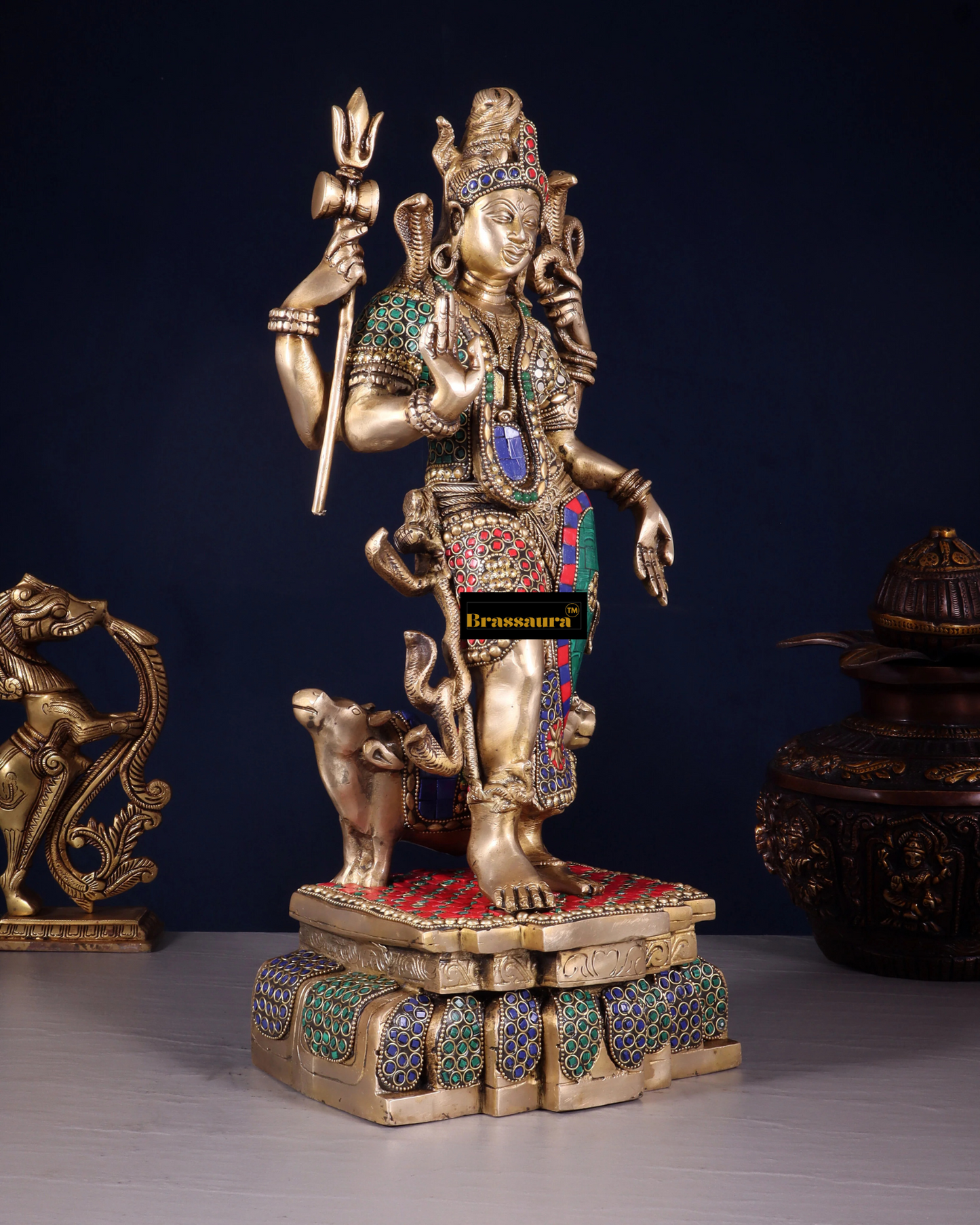 Brass Gem Stone Work Aardhnareshwar Idol for Home and Decor | Weight 10 Kg Height 19 inch | Multi-Coloured
