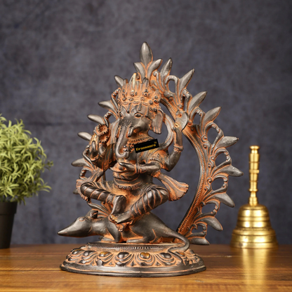 Brassaura™ Pure Brass Tibetan Ganapati on Mouse – Antique Patina Finish | Height 12 Inches, Weight 4.8 Kgs