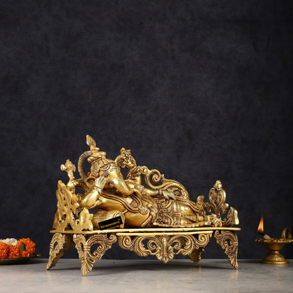 Brassaura™ Pure Brass Resting Ganesha Statue | Height 9 inch | Weight 6.3 Kg | Serene Home Decor