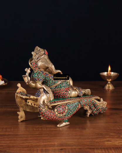 Brassaura™ Handcrafted Ganapathi on Peacock Throne – 7.5" Height, 4.5 kg – Brass Statue with Multicolored Stones