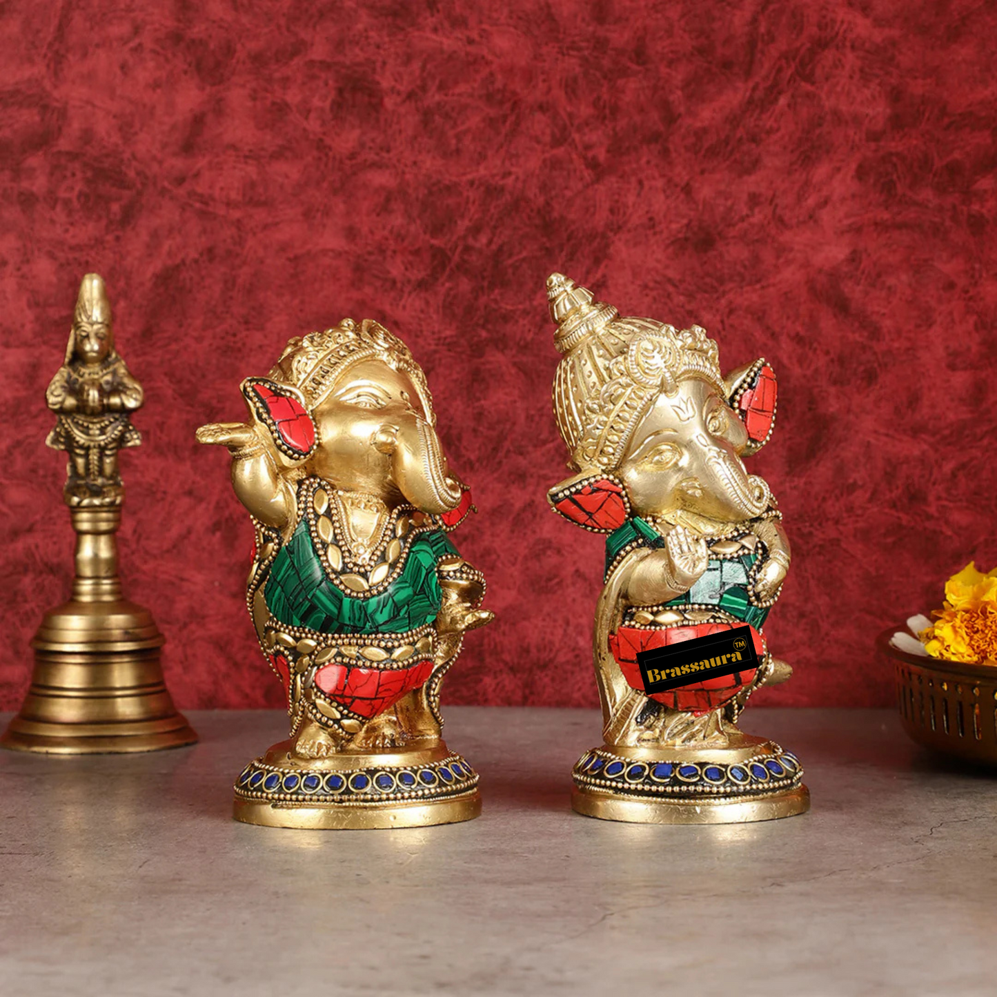 Brassaura™ Set of Baby Ganesha Brass Idols – Height 5 Inches, Total Weight 2.5 Kgs | Durable & Auspicious