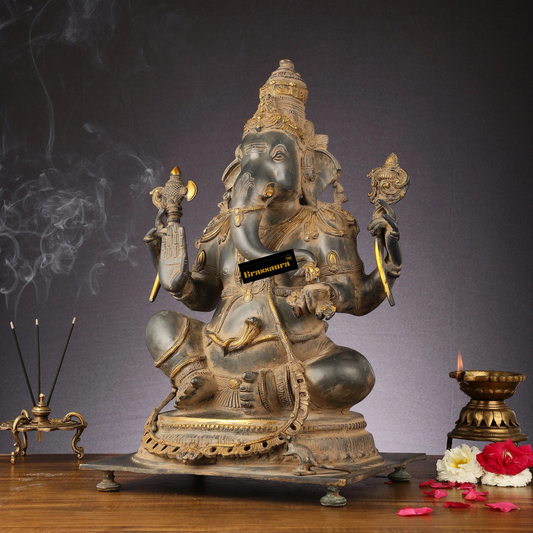 ब्रासौर® गणेश पीतल की मूर्ति - प्राचीन सैंडस्टोन फिनिश | ऊंचाई 20.5 इंच