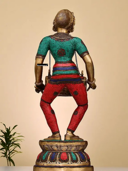 Brassaura™ Large Brass Lady with Dholak – Height 37.99 inches | Weight 34.46 kgs