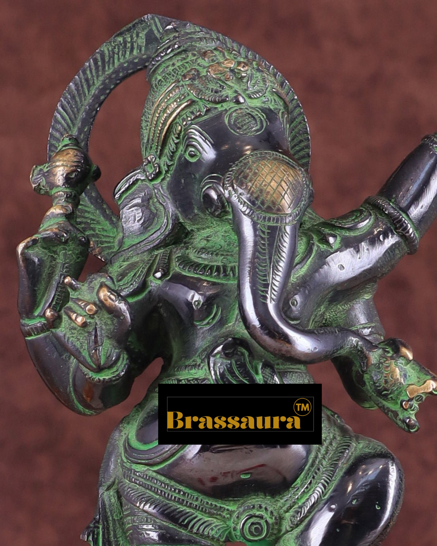 Brassaura™ Brass Dancing on Snake Lord Ganesha Statue – 11.5" Height, 3.25 kg – Unique Antique Black & Green Finish