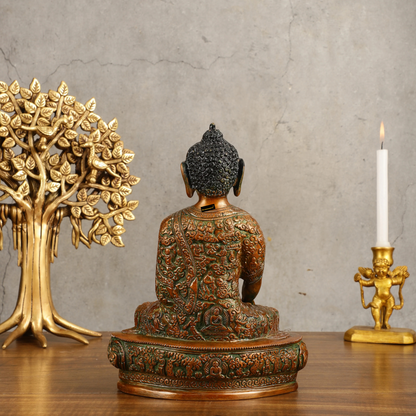 Brassaura™ Pure Brass Buddha Bhumisparsha Engraved Statue in Dual Tone – Height 9 Inches, Weight 2.73 Kgs