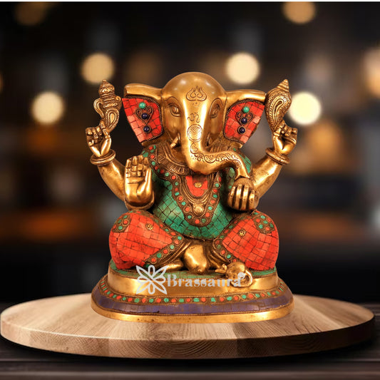 Brass Gem Stone Work Ganesha Statue Weight 9.6 Kg And Height 11 Inch