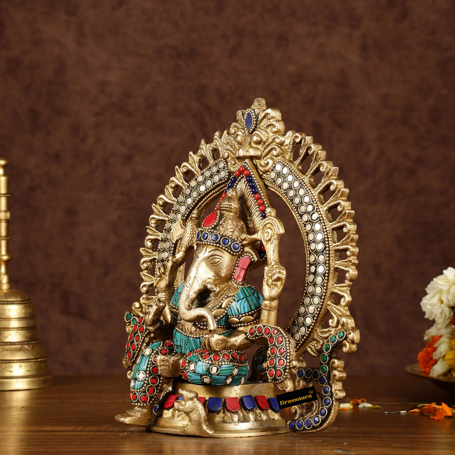 Brassaura™ Handcrafted Brass Ganesha Idol – Meenakari Stonework | Height 9.5 Inches, Weight 3 Kgs