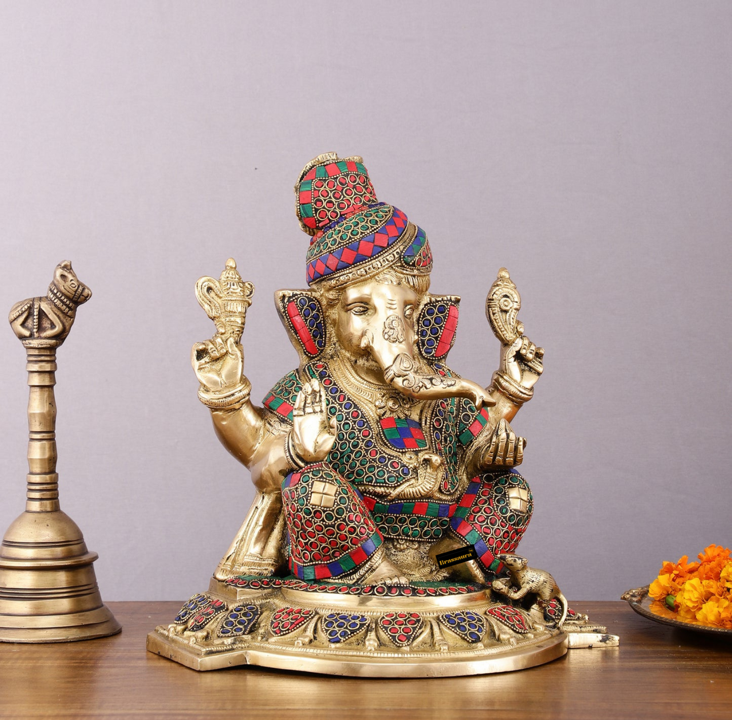Brassaura™ Brass Superfine Handcrafted Lord Ganesha Idol with Pagadi – 11" Height, 7.5 kg – Meenakari Stonework