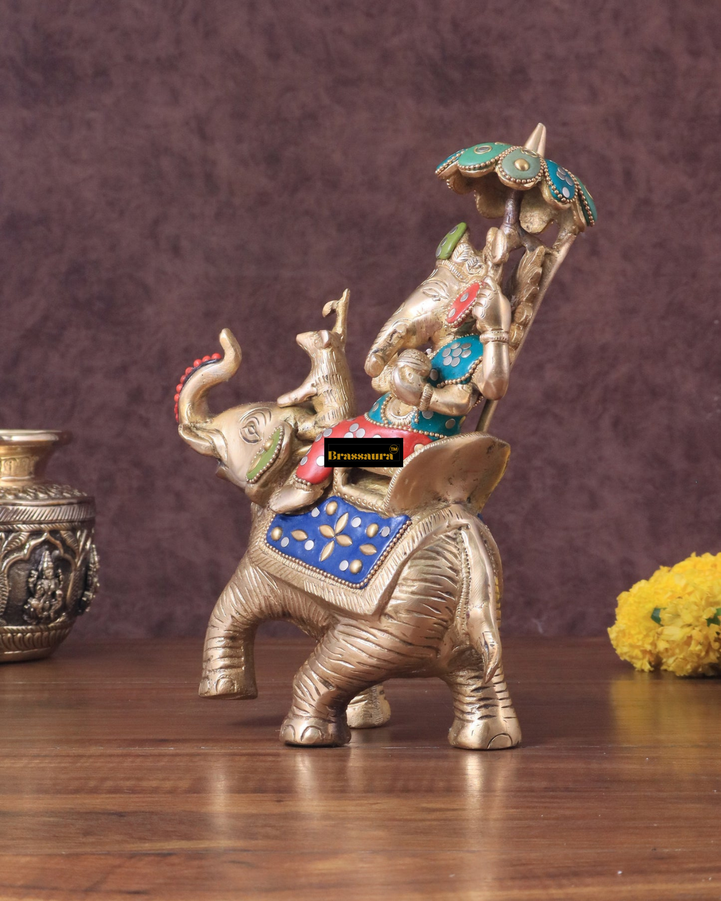 Brassaura™ Handcrafted Brass Ganesha on Ambari – 9.5" Height, 3 kg – Meenakari Stonework Idol