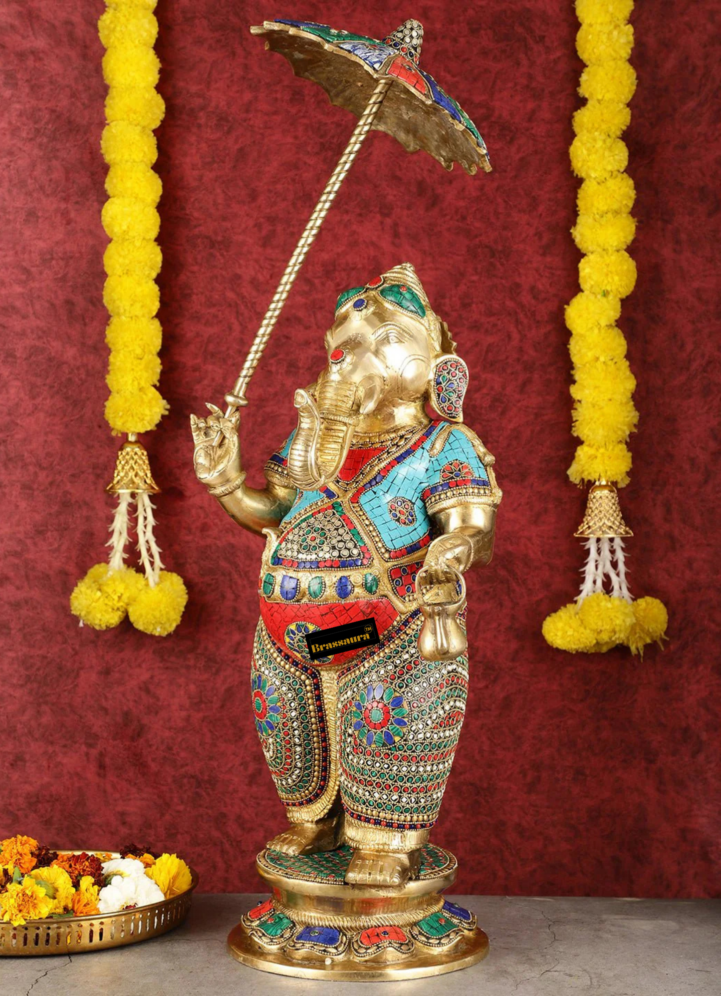 Brassaura™ 29-Inch Standing Lord Ganesha Statue – Meenakari Stonework | Height 29 Inches, Weight 17 Kgs