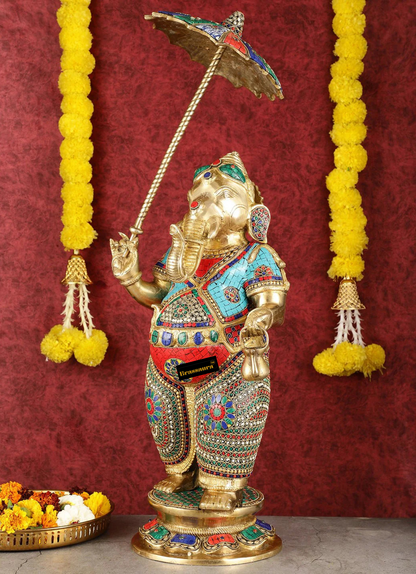 Brassaura™ 29-Inch Standing Lord Ganesha Statue – Meenakari Stonework | Height 29 Inches, Weight 17 Kgs