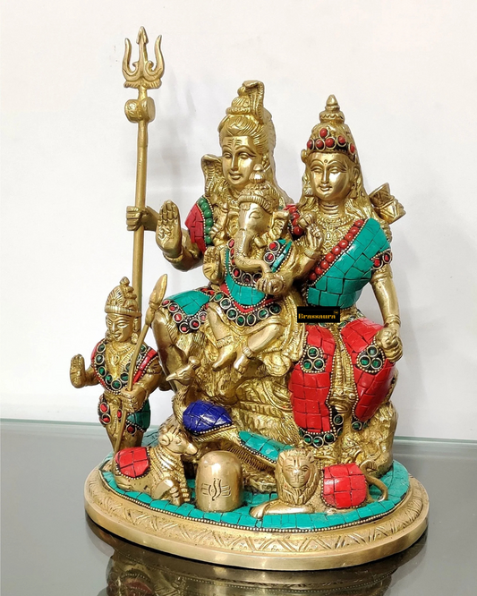 Brassaura® Brass Shiv Parivar Idol with Multicolour Semi-Precious Gemstone Inlay Finish | Pure Superfine Brass Handcrafted Murti | Brass Statue for Home Temple, Pooja Room | Height 9.4 Inches | Weight 5 Kgs