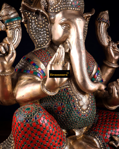 Brassaura™ Pure Brass Ganesha Statue with Flora Meenakari – 20" Height, 22 kg – Elegant Spiritual Masterpiece
