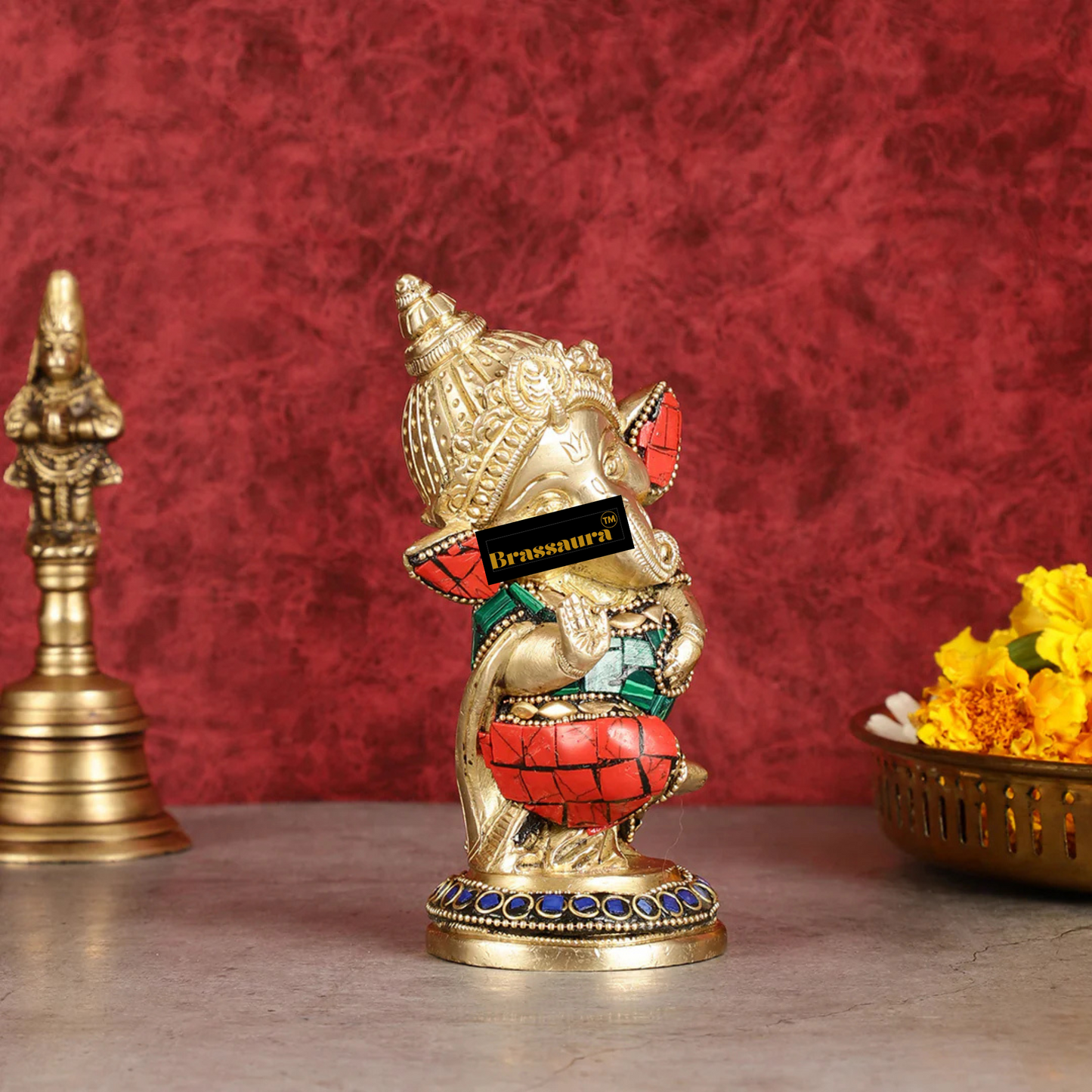 Brassaura™ Baby Ganesha Aashirwad Brass Idol – Height 5 Inches, Weight 1 Kg | Office & Home Décor