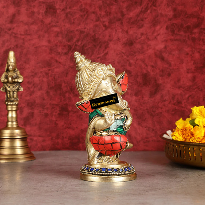 Brassaura™ Baby Ganesha Aashirwad Brass Idol – Height 5 Inches, Weight 1 Kg | Office & Home Décor