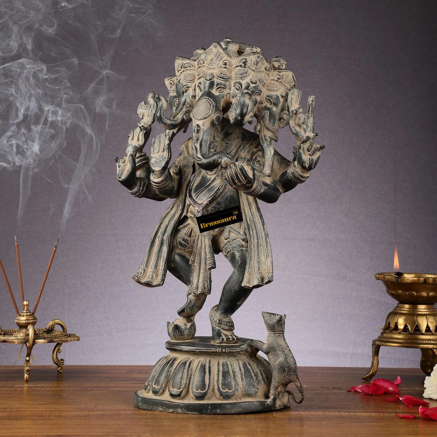 Brassaura™ Brass Panchmukhi Dancing Ganesha Statue – Black White Sand Finish | Height 15 Inches, Weight 8 Kgs