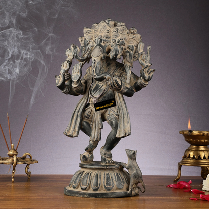 Brassaura™ Brass Panchmukhi Dancing Ganesha Statue – Black White Sand Finish | Height 15 Inches, Weight 8 Kgs