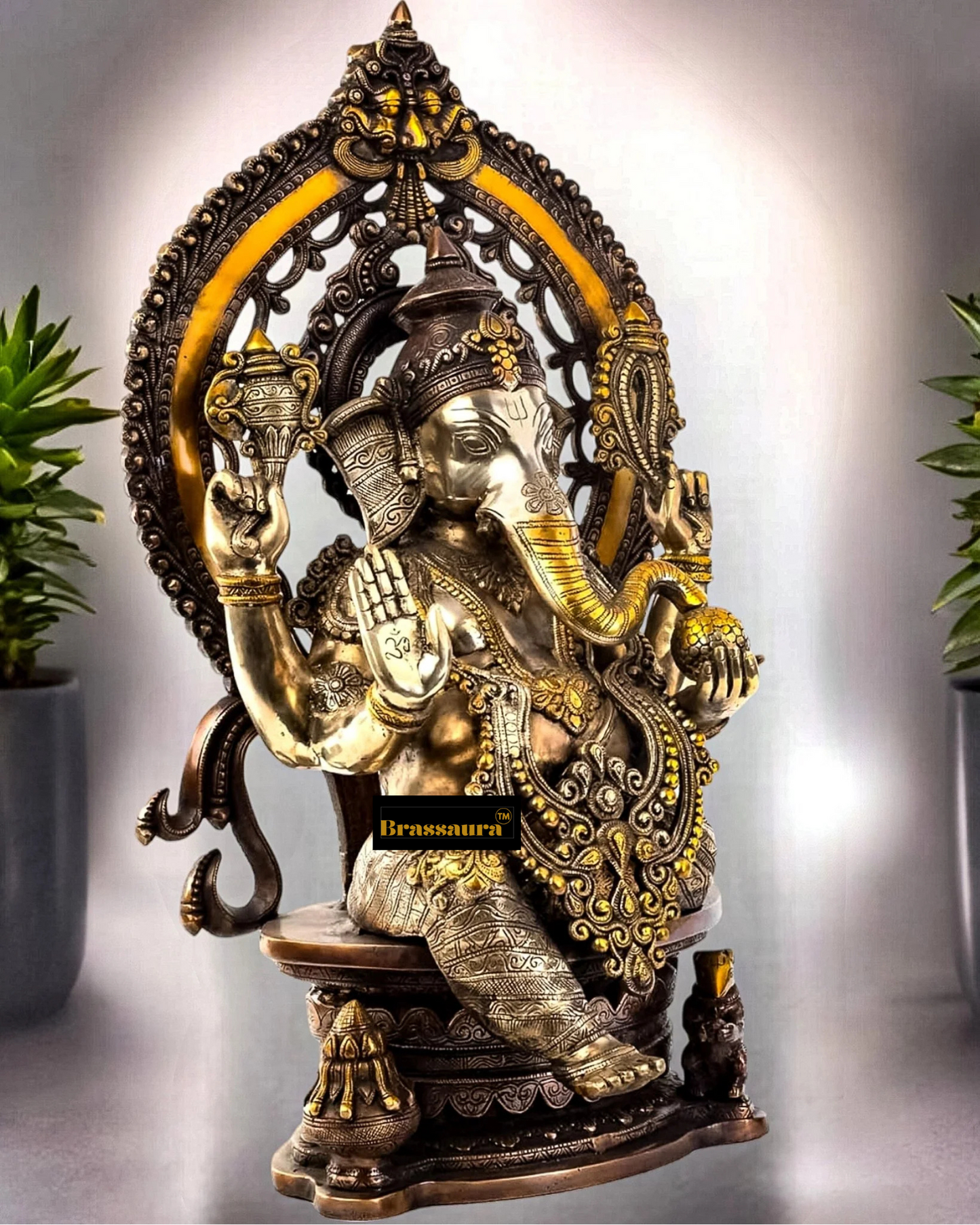 Brassaura™ Superfine Brass Ganesha Idol on Round Throne with Prabhavali – 26 Inch Height | 33 Kg | Three-Tone Finish with Modak & Mooshak