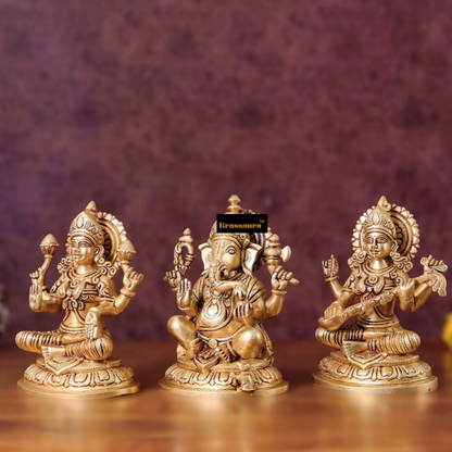 Brassaura™ Pure Brass Ganesha, Lakshmi & Saraswati Idol Set – 7.5" Height, 7.4 kg – Symbol of Blessings, Wisdom & Prosperity