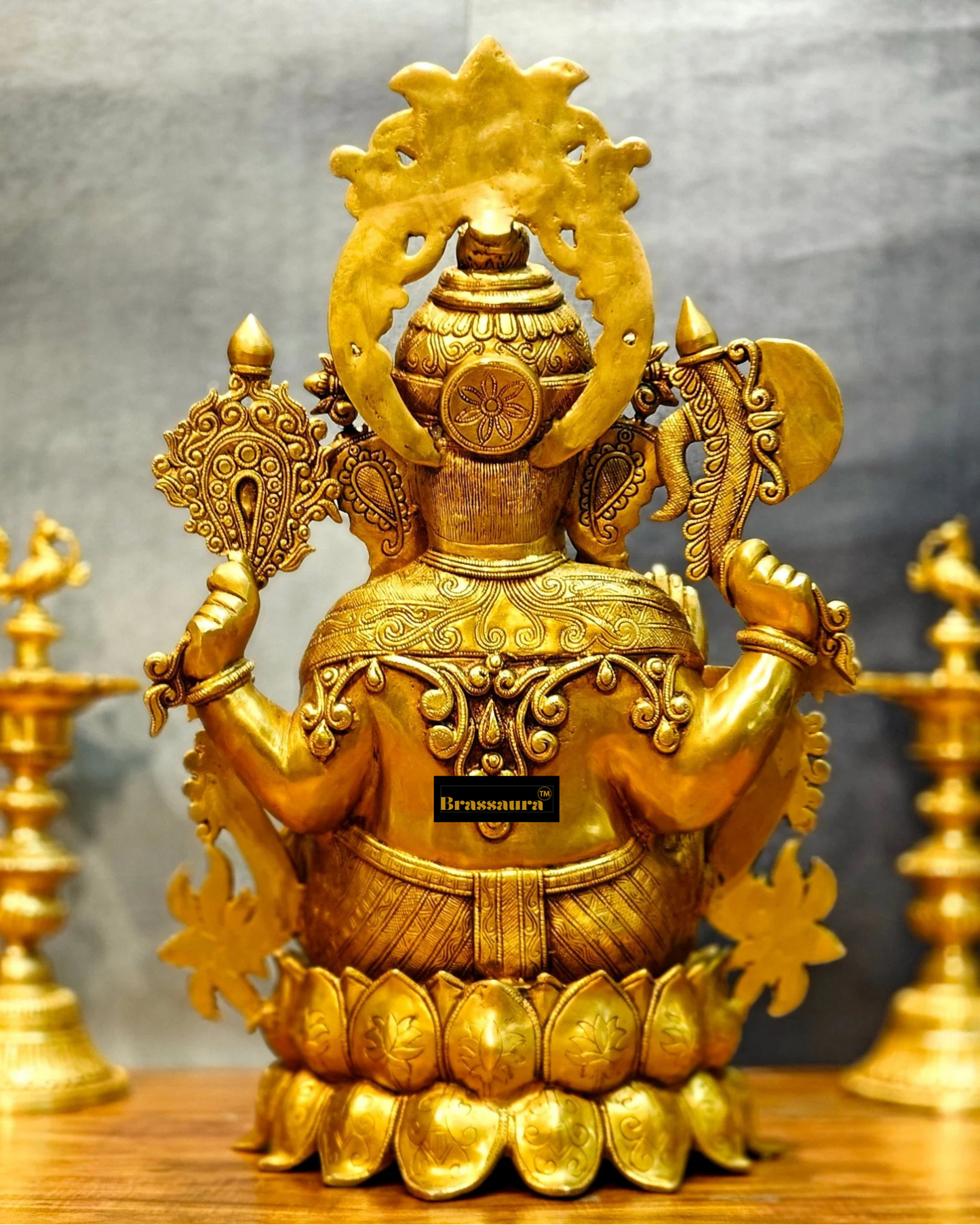 Brassaura™ Superfine Brass Lord Ganesha with Lotus – Height 23.5 Inches, Weight 32 Kgs | Majestic Temple Idol