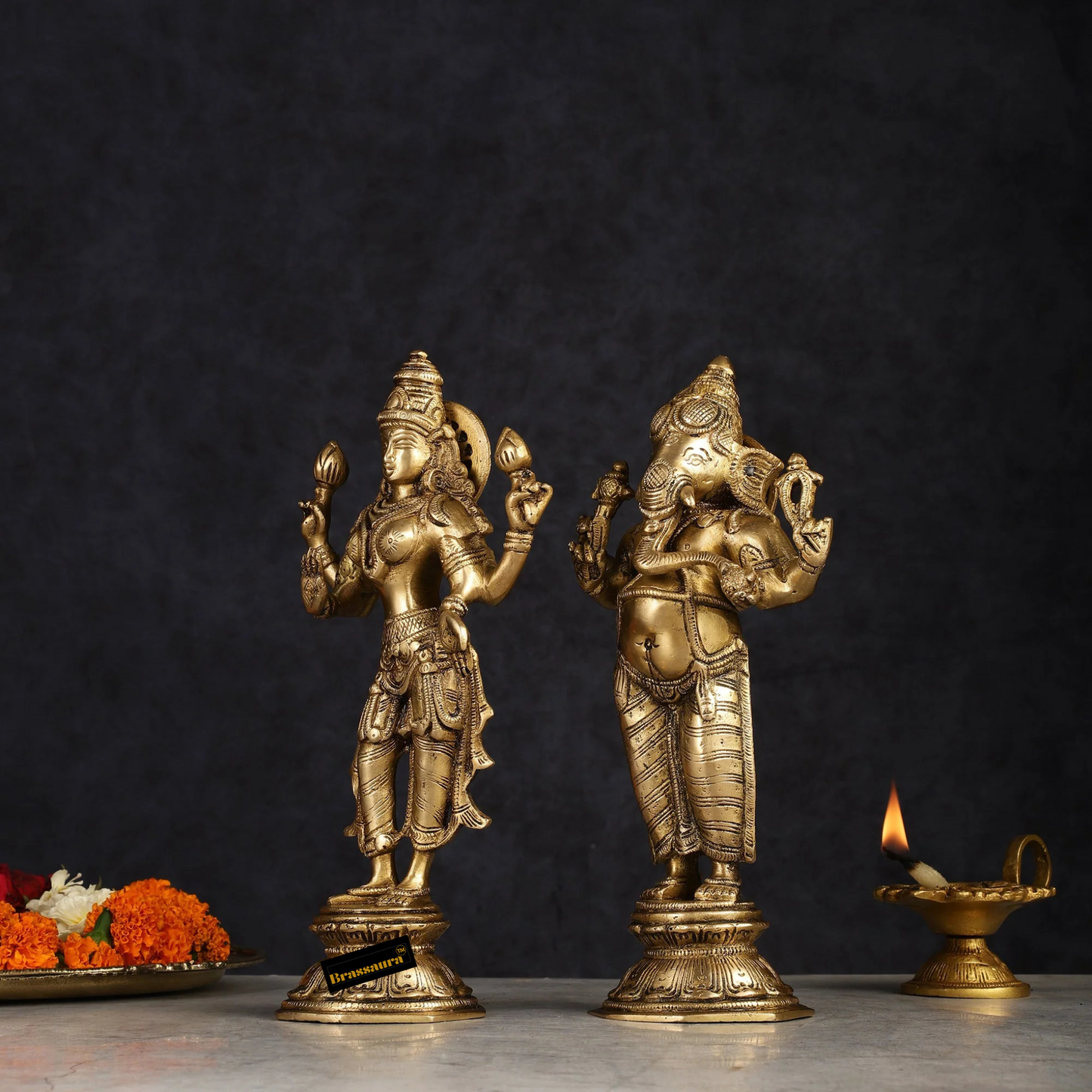 Brassaura™ Brass Standing Ganesh Lakshmi Idol Set | Height 10 inch | Weight 9 Kg | Spiritual Home Decor