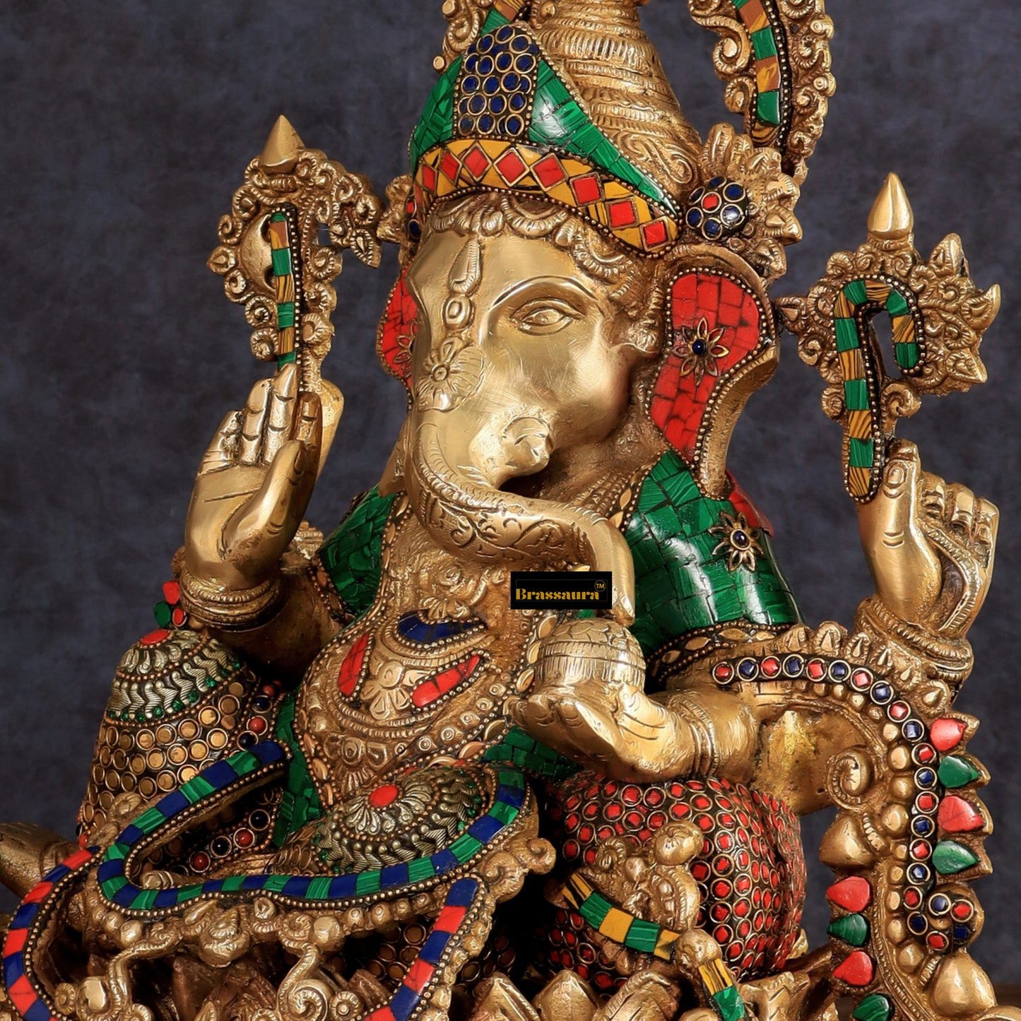 Brassaura™ Fine Quality Brass Jewellery Ganesha – 16" Height, 16 kg – Adorned with Natural Stones & Rings