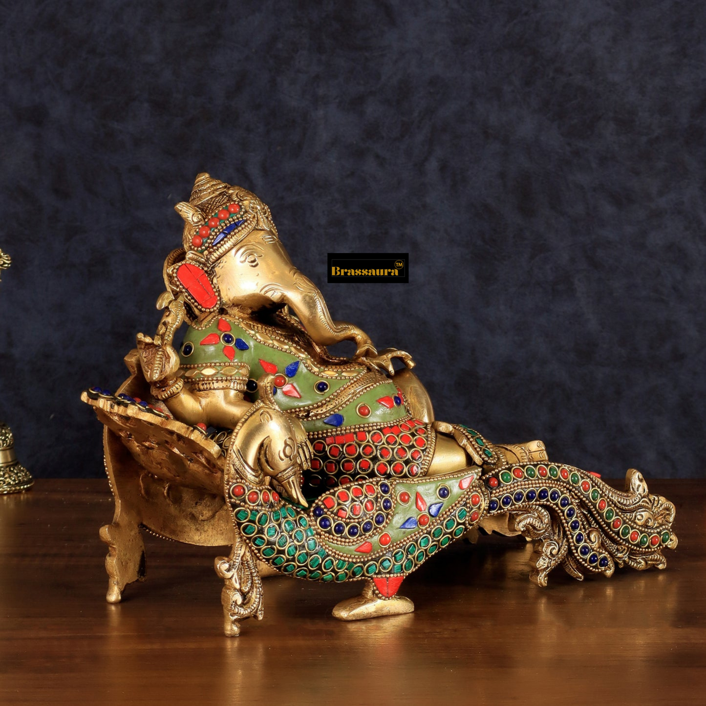 Brassaura™ Handcrafted Brass Ganapathi on Peacock Throne – 7.5 Inch Height | 4.5 kg | Multicoloured Stonework | Spiritual & Home Décor