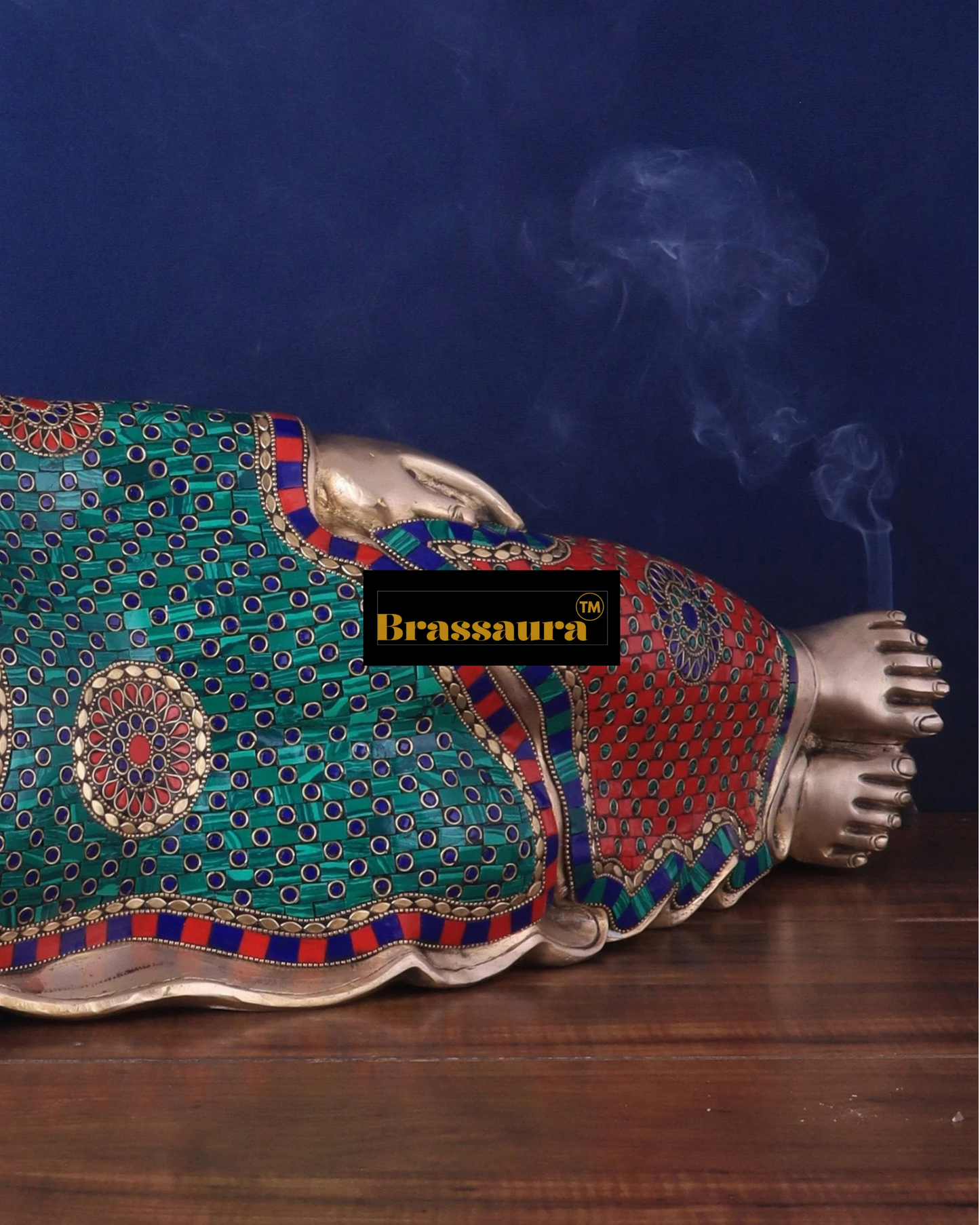 Brassaura™ Brass Resting Buddha Idol with Meenakari Stonework – Height 12 Inches, Weight 18 Kgs