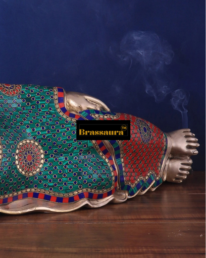 Brassaura™ Brass Resting Buddha Idol with Meenakari Stonework – Height 12 Inches, Weight 18 Kgs