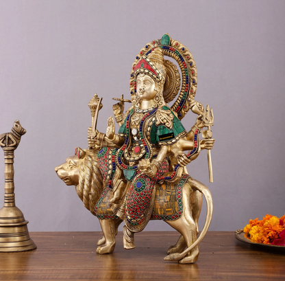 Brassaura™ 15-Inch Brass Durga Mata Idol – 10kg – Handcrafted Statue with Meenakari Stonework for Home Temple & Sacred Décor