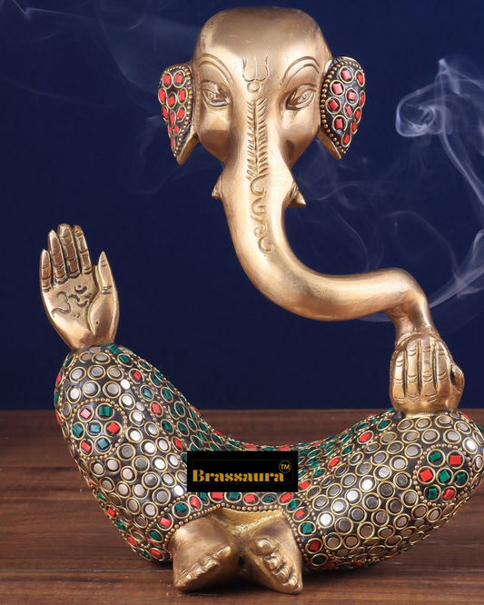 Brassaura™ Brass Ganesha Idol with Meenakari Stonework – Height 8.5 Inches, Weight 2.6 Kg – Multi-Coloured Home & Decor Statue