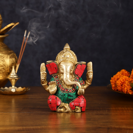 Brassaura™ Meenakari Brass Ganesha Idol – 5 Inch Height | 0.8 kg | Handcrafted with Red & Green Stones | Spiritual Gift & Home Decor
