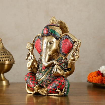 Brassaura™ Brass Lord Ganesha Statue with Meenakari & Big Ears – 10" Height, 5.15 kg – Auspicious & Intricate